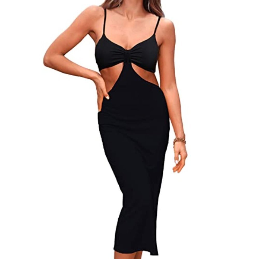 NEW Sexy Bodycon Cut Out Spaghetti Strap Split Hem Dress SZ S